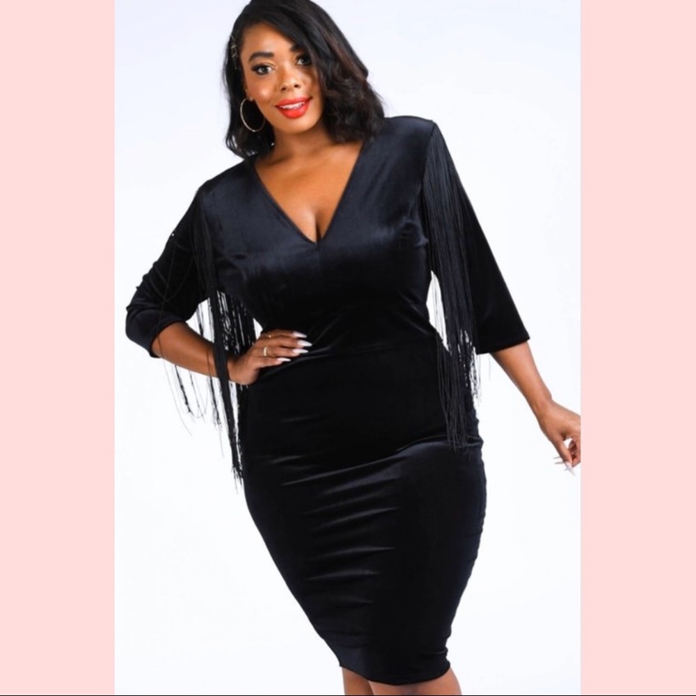 Plus Size Velvet Fringe V neck Dress